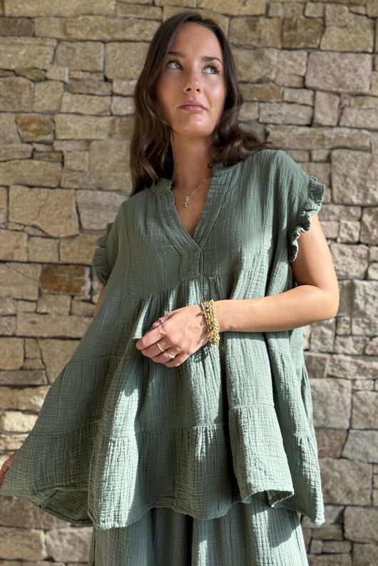 Tasha Cushion Cotton Cap Sleeve Tier Top Khaki